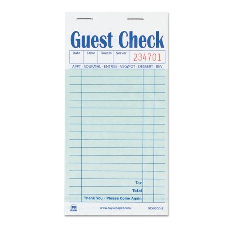 AMERCAREROYAL Guest Check Book, Carbon Duplicate, 3 1/2 x 6 7/10, PK2500 RPP GC6000-2